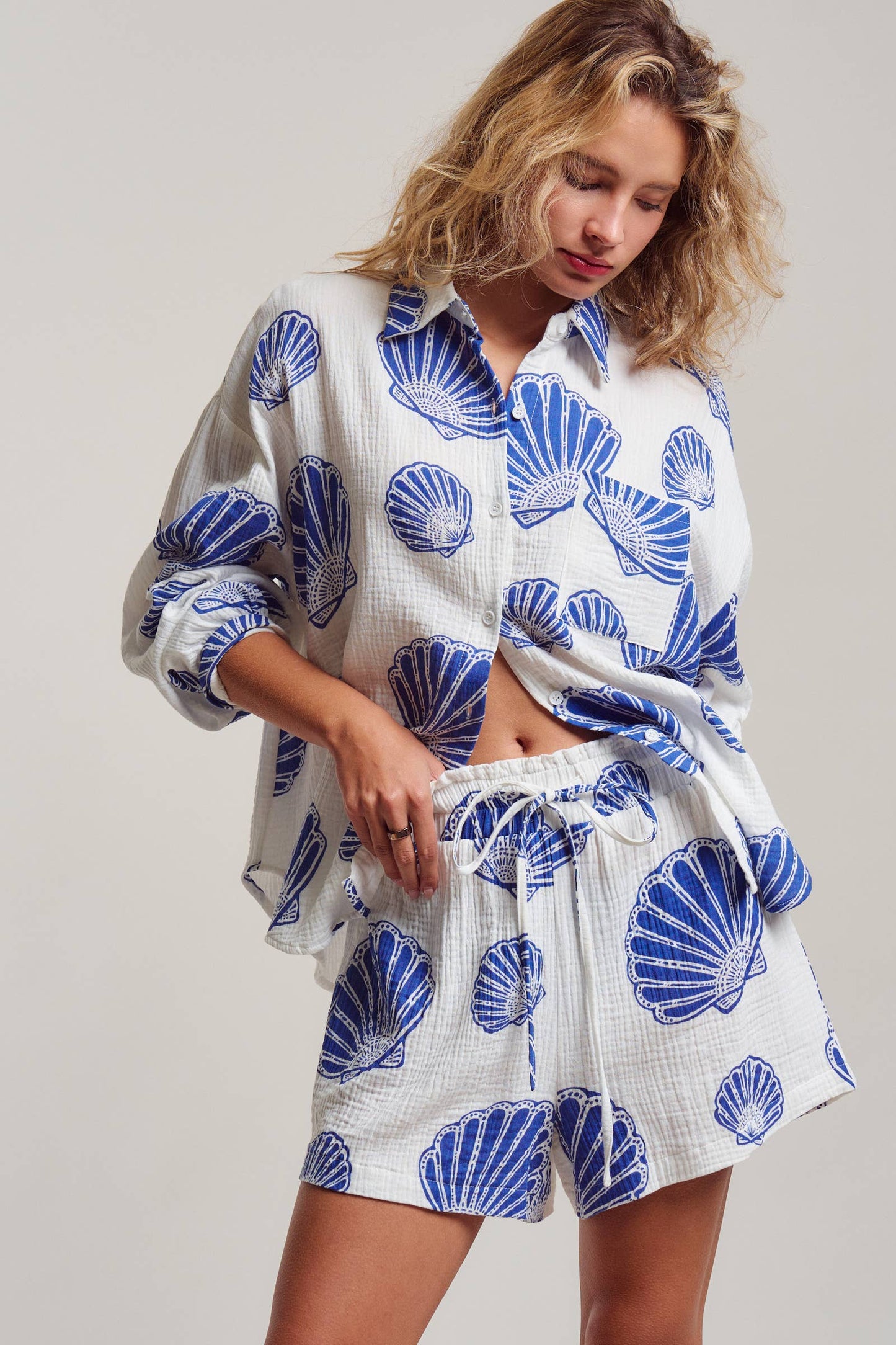 Seaside Blue Shell Cotton Gauze Shirt & Short Set