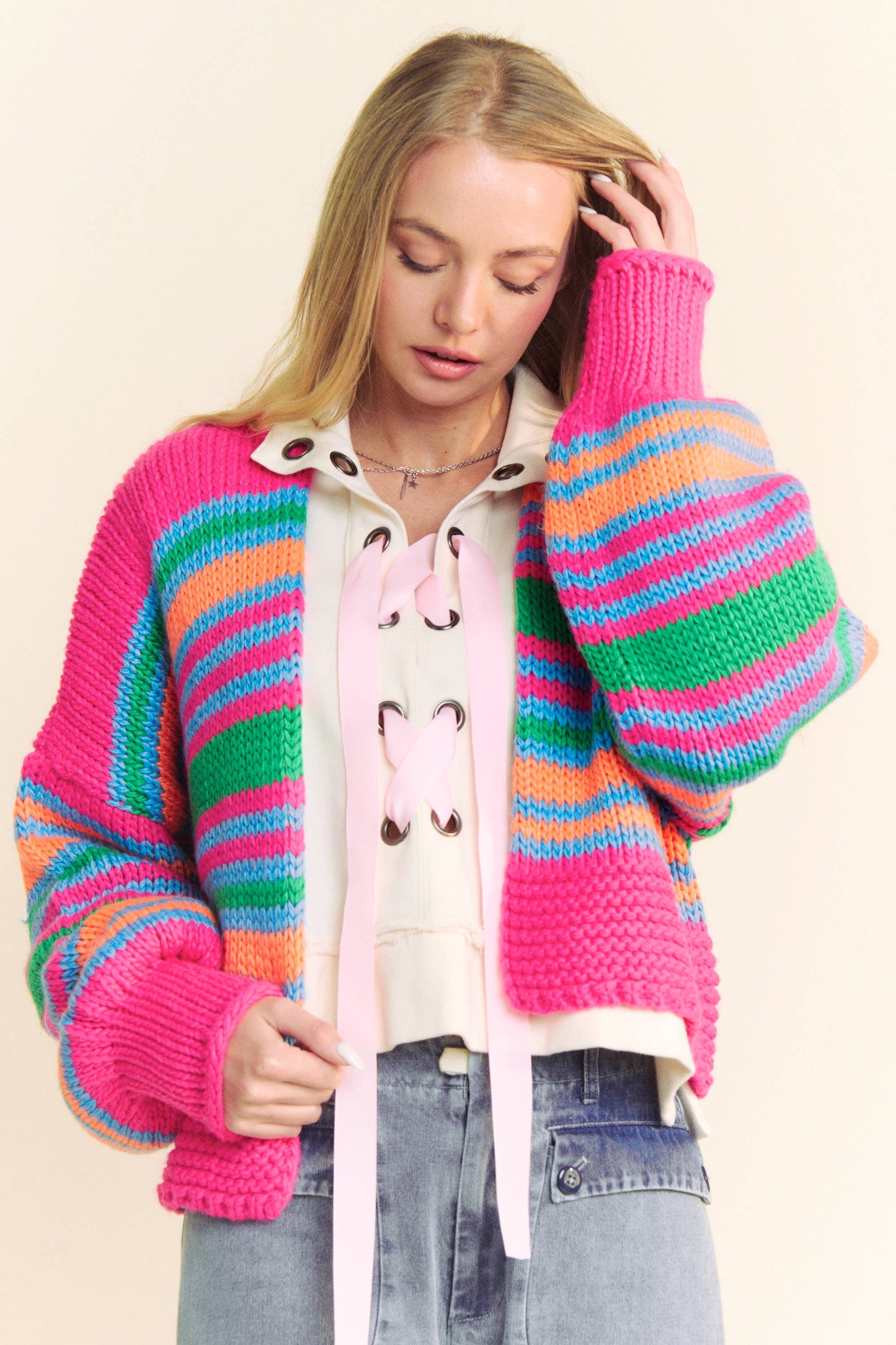 Chunky Striped Open-Front Cardigan