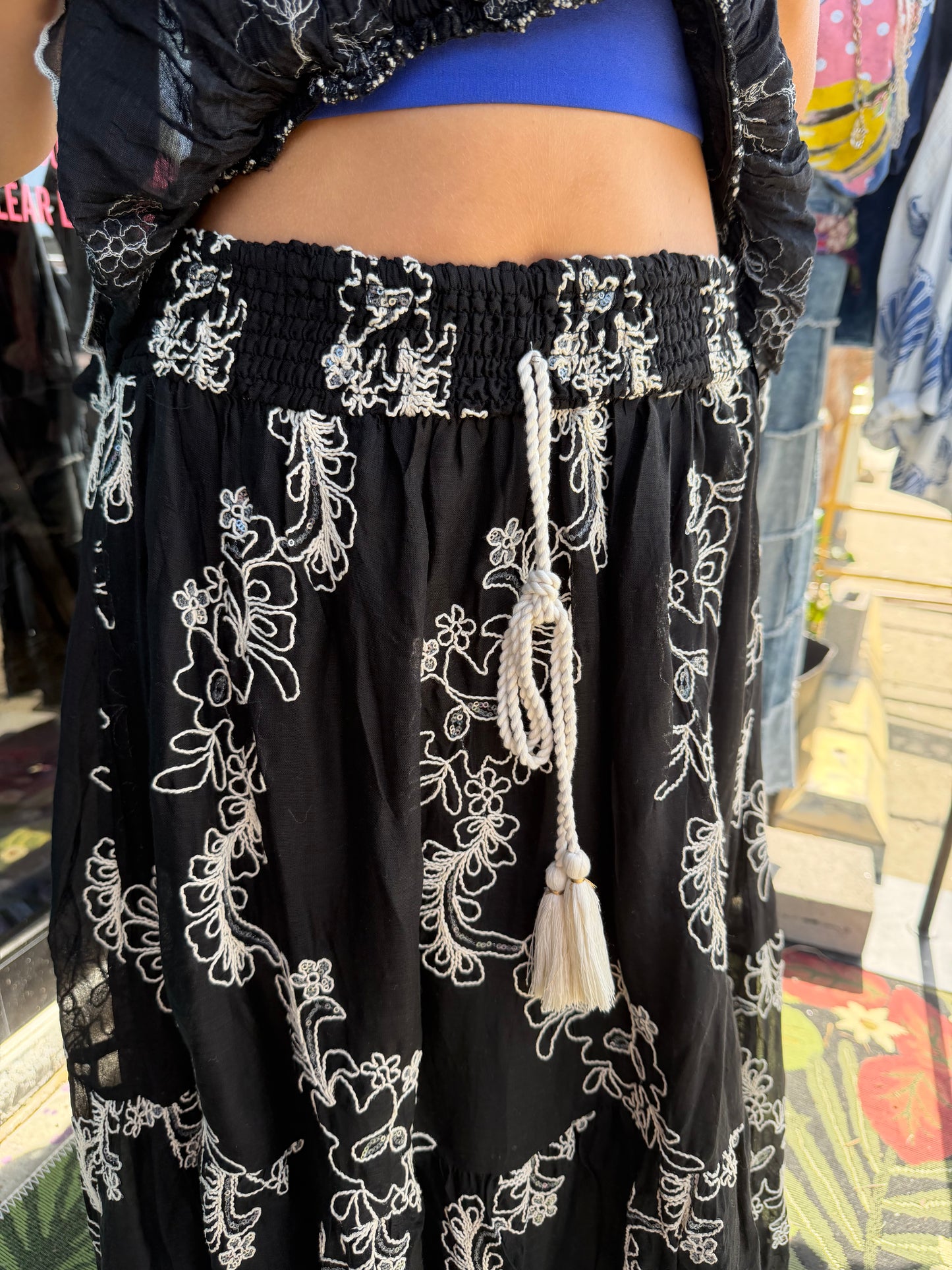 Embroidered Viscose Smocked Waistband Maxi Skirt