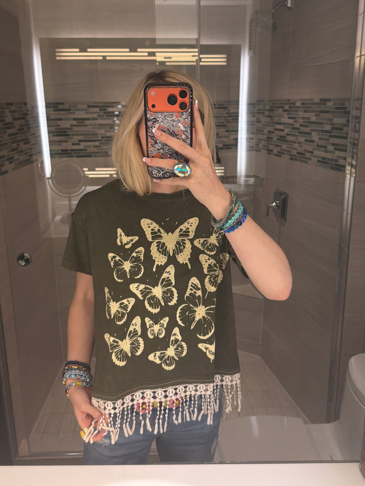 Army green Butterfly Tassel T-Shirt