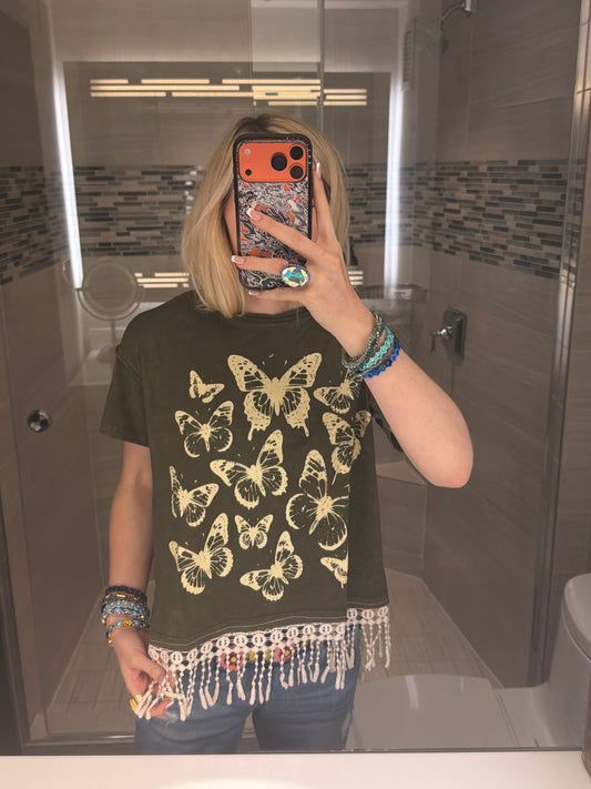 Army green Butterfly Tassel T-Shirt