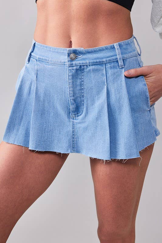 Light Blue Pleated Denim Mini Skort