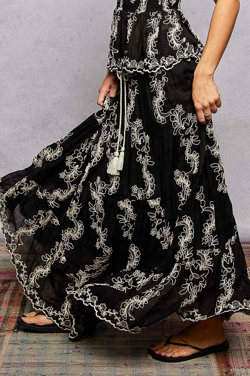 Embroidered Viscose Smocked Waistband Maxi Skirt