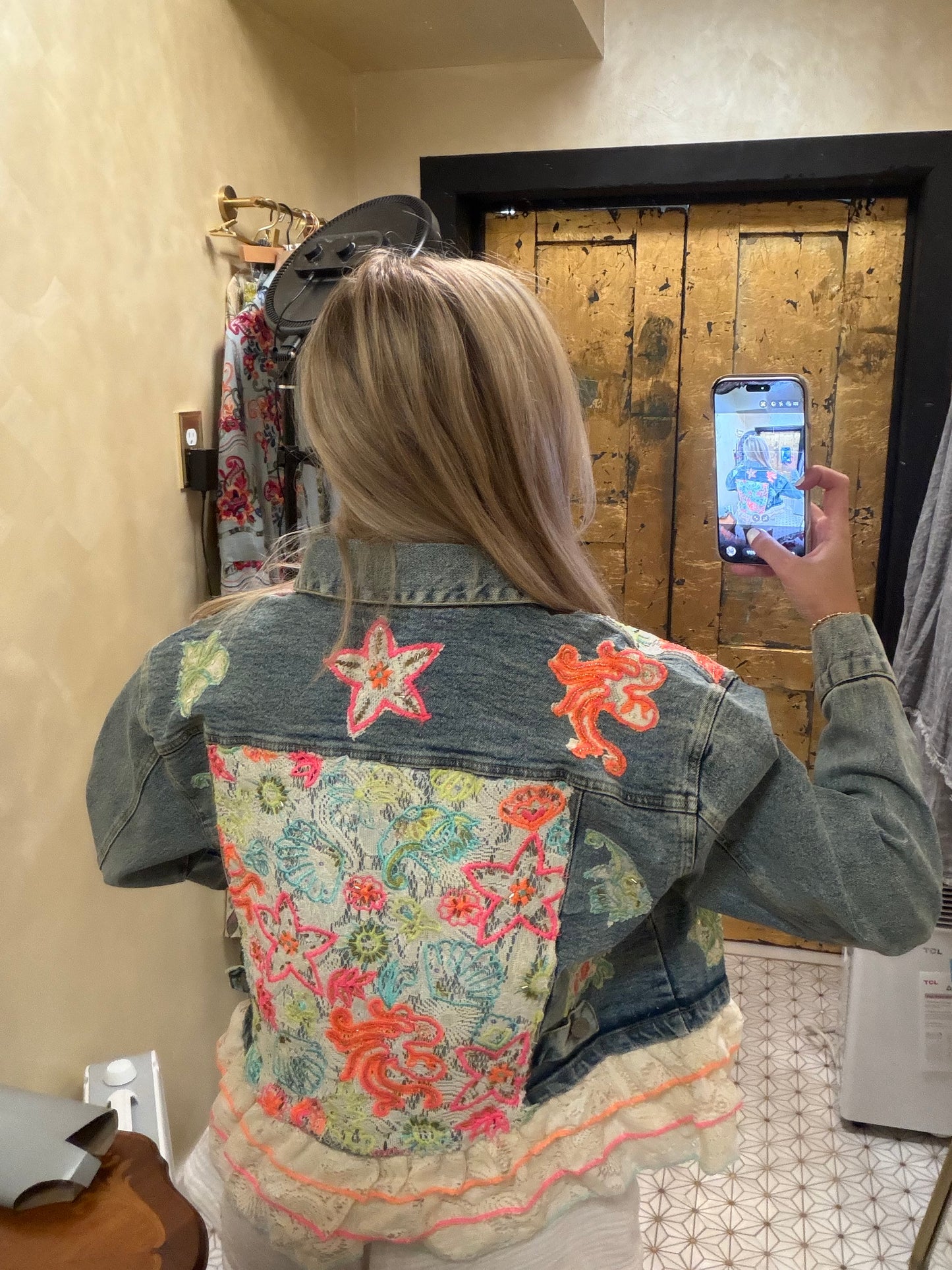 Statement Floral Embroidered Cropped Lace Trim Denim Jacket