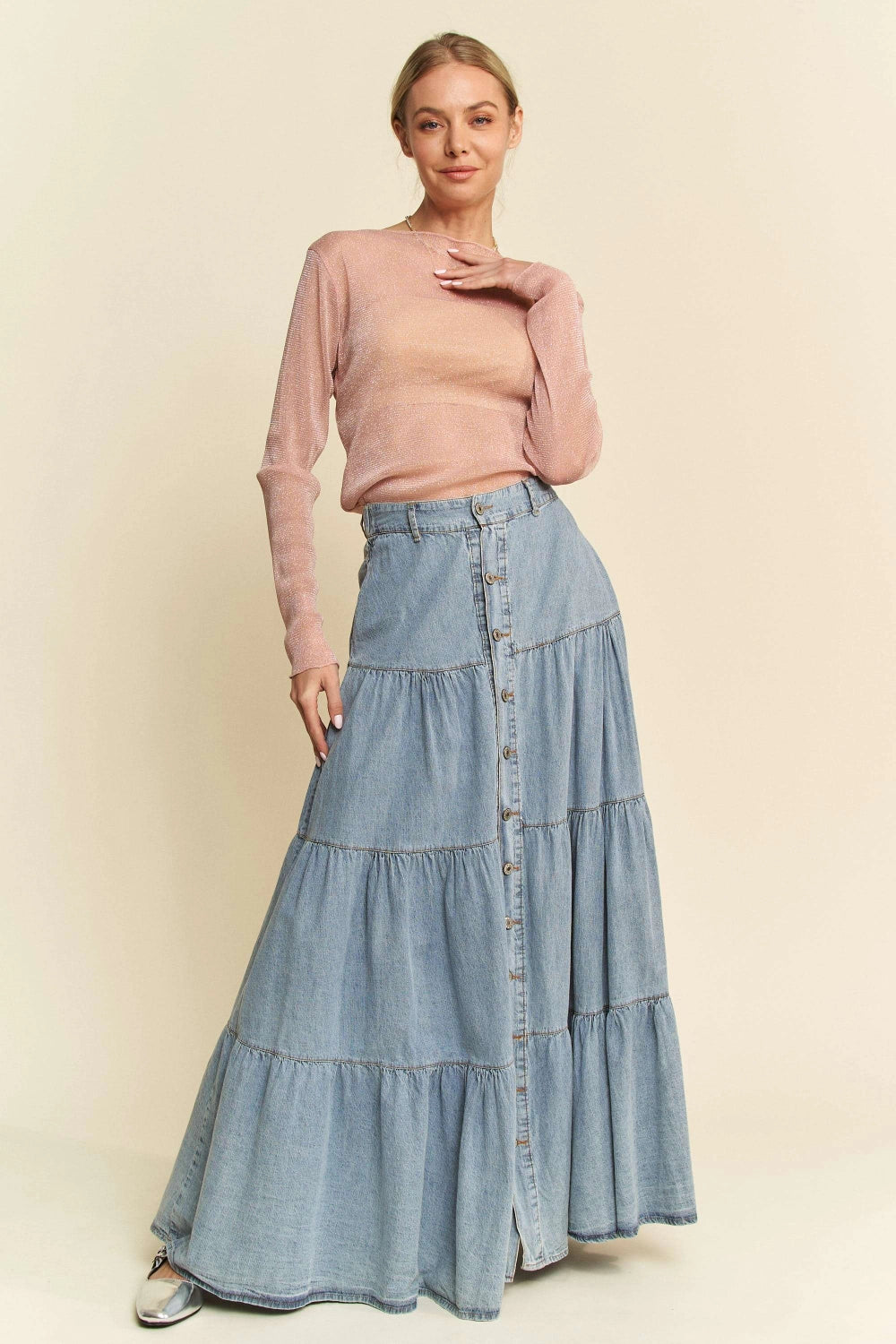 Denim Button Front Ruffle Hem Denim Maxi Skirt