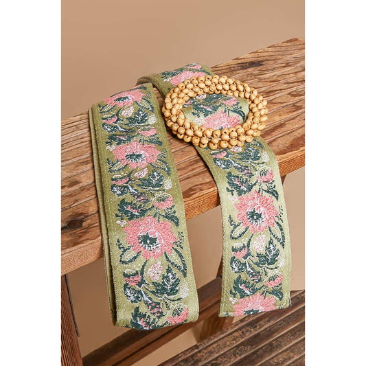 Green and Pink Floral pattern circular buckle belt