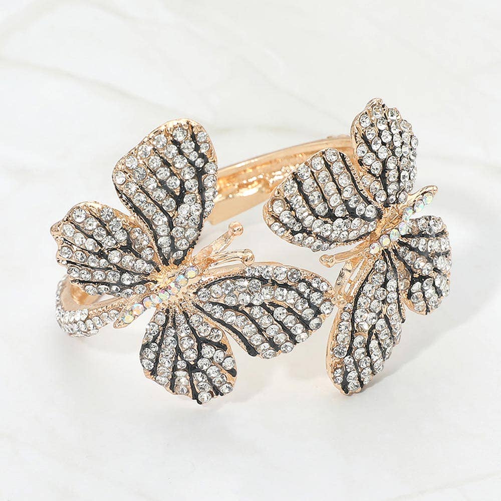 Rhinestone Embellished Double Butterfly Hinged Bangle Bracelet