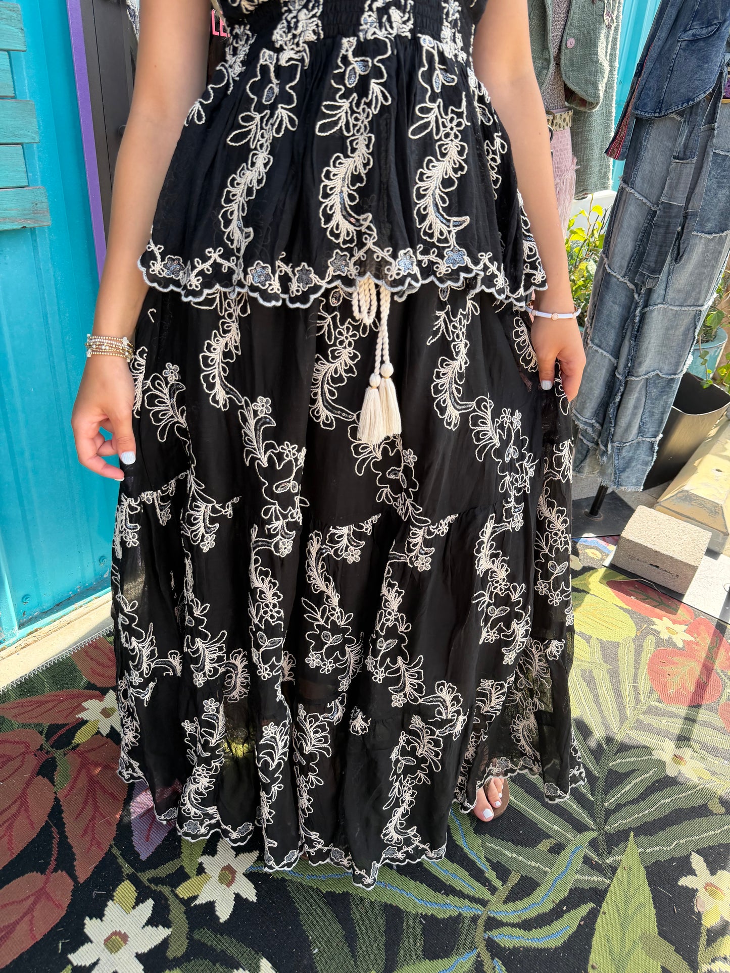 Embroidered Viscose Smocked Waistband Maxi Skirt