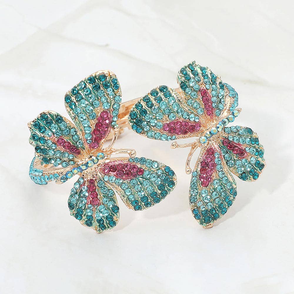 Rhinestone Embellished Double Butterfly Hinged Bangle Bracelet