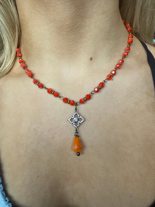 Orange Bead & Crystal Drop Necklace