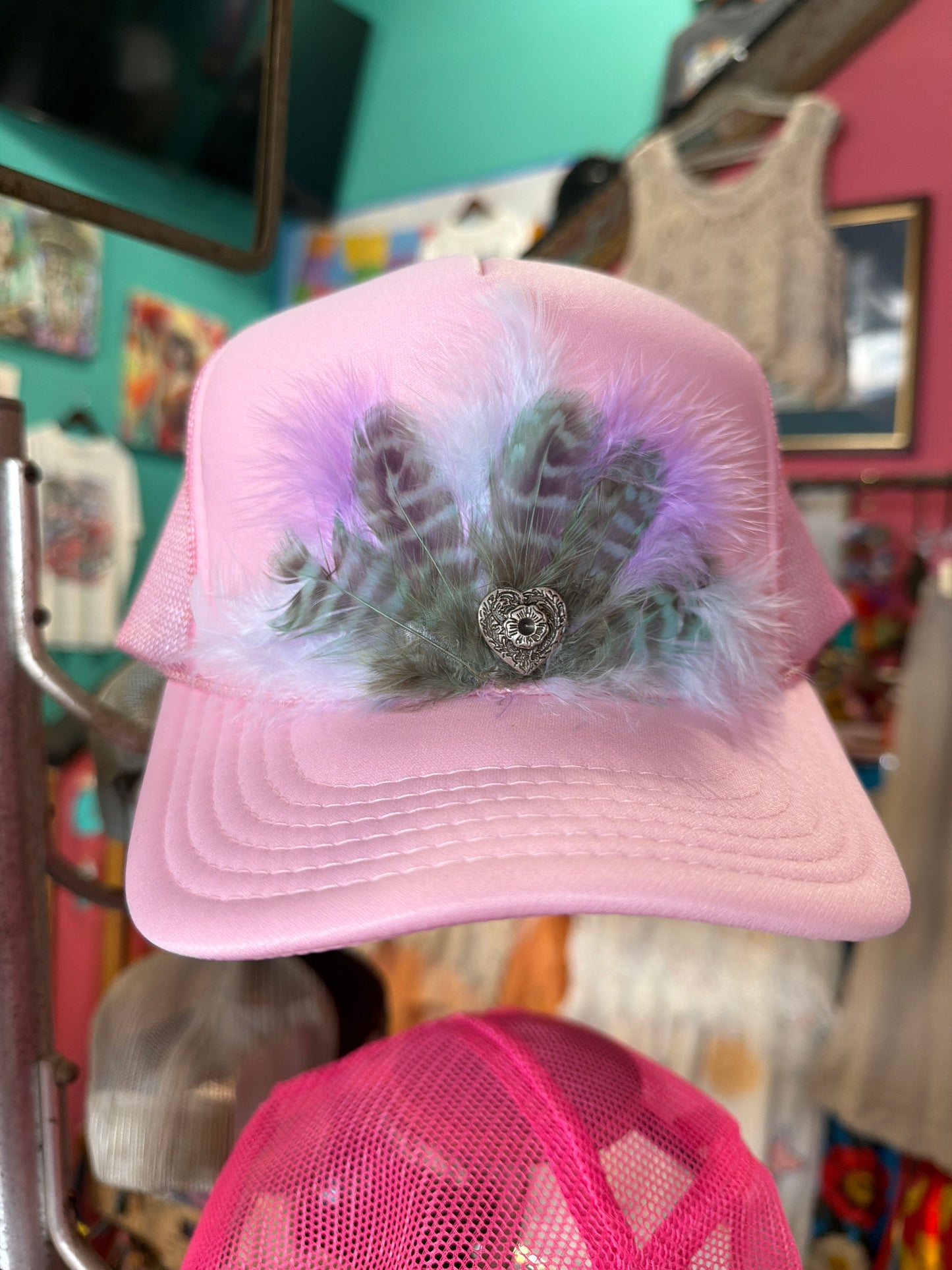 Feather Trucker Hat, Handmade, Unique, One of a Kind