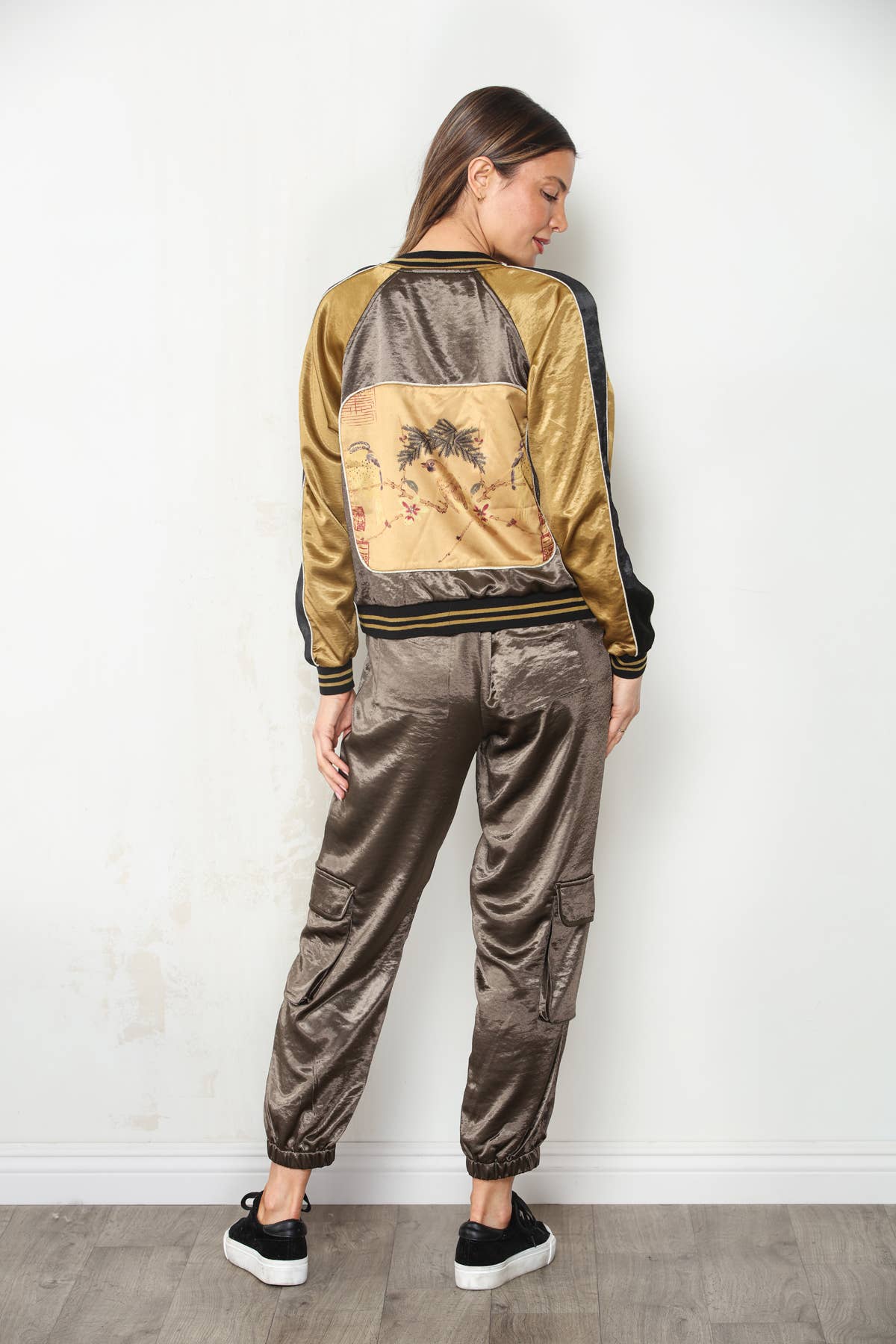 PRE ORDER AUG 7-12 Reversible Patchwork Hammered Satin Bomber Jacket