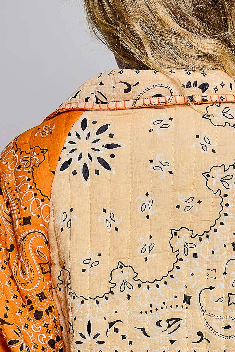 Quilted Patchwork Paisley Button Front Jacket Top