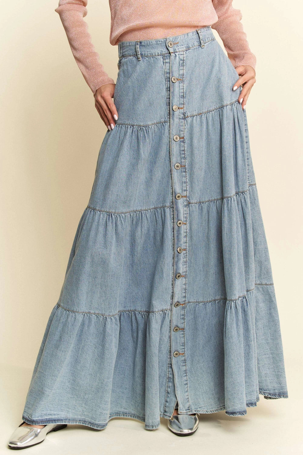 Denim Button Front Ruffle Hem Denim Maxi Skirt