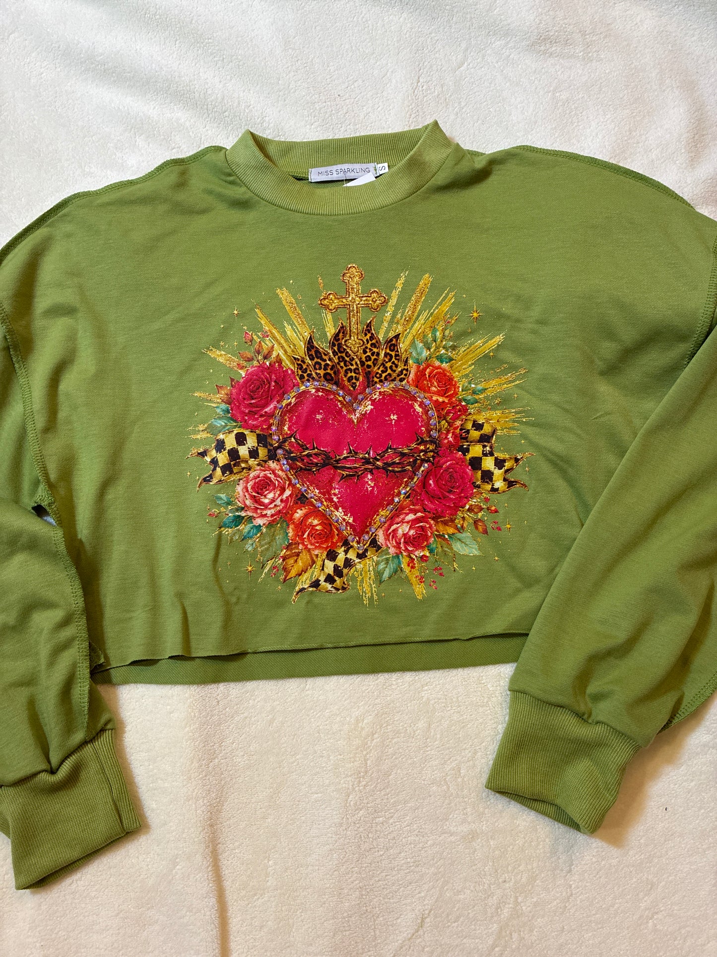 Cropped Green Wild Heart Long Sleeve Top
