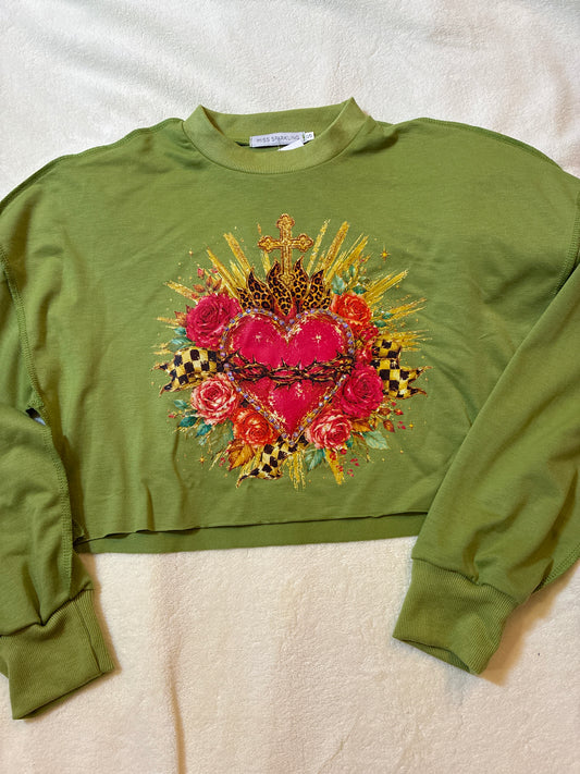 Cropped Green Wild Heart Long Sleeve Top