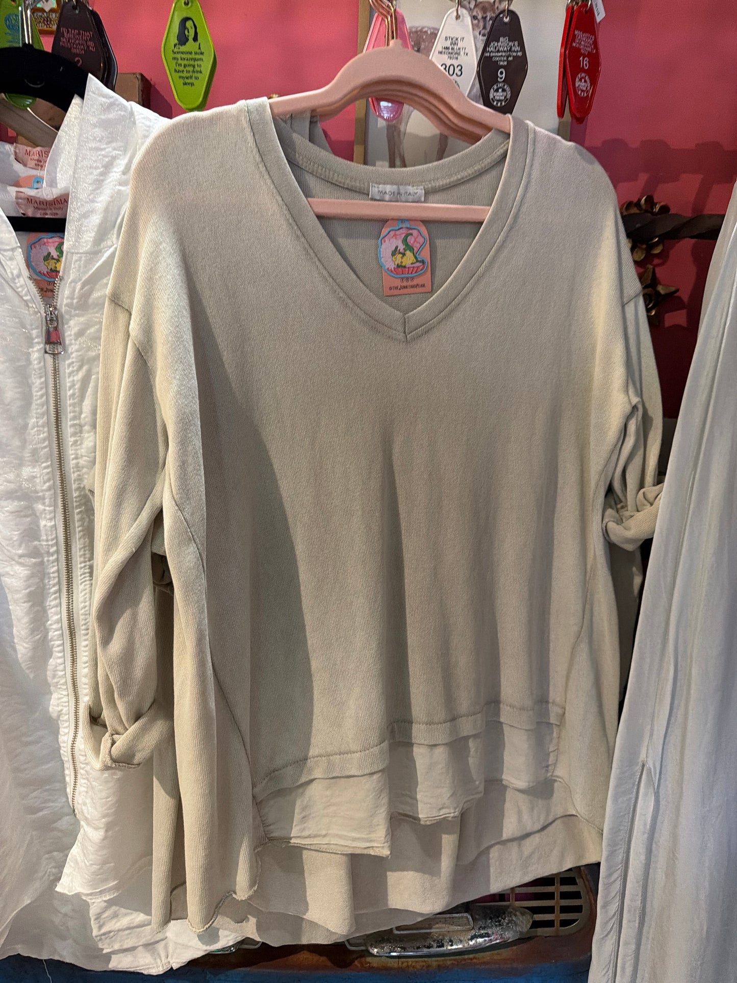 Beige V-Neck Cotton hi-low long sleeve top