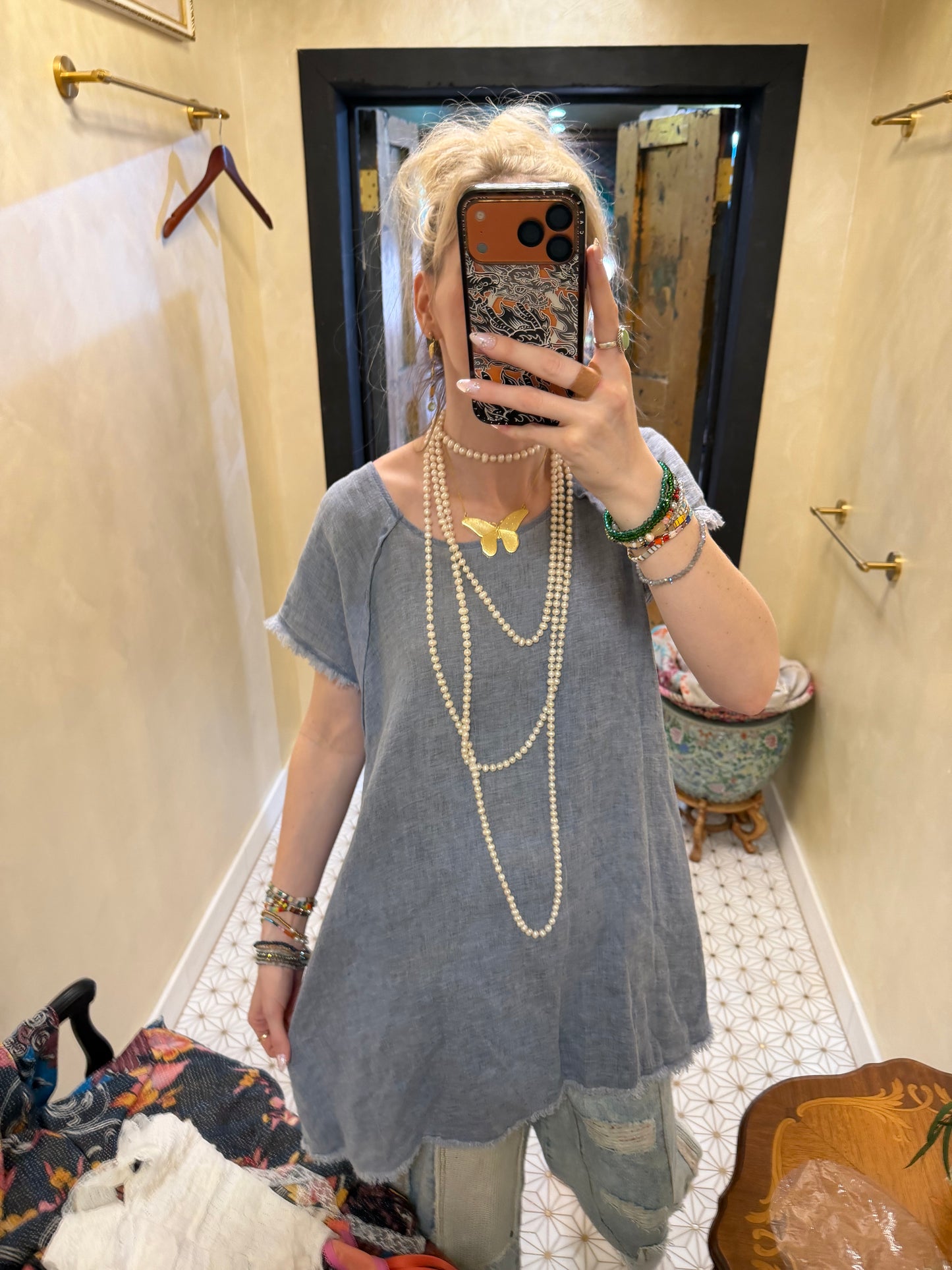 Slate Blue Linen Capped Sleeve Dress