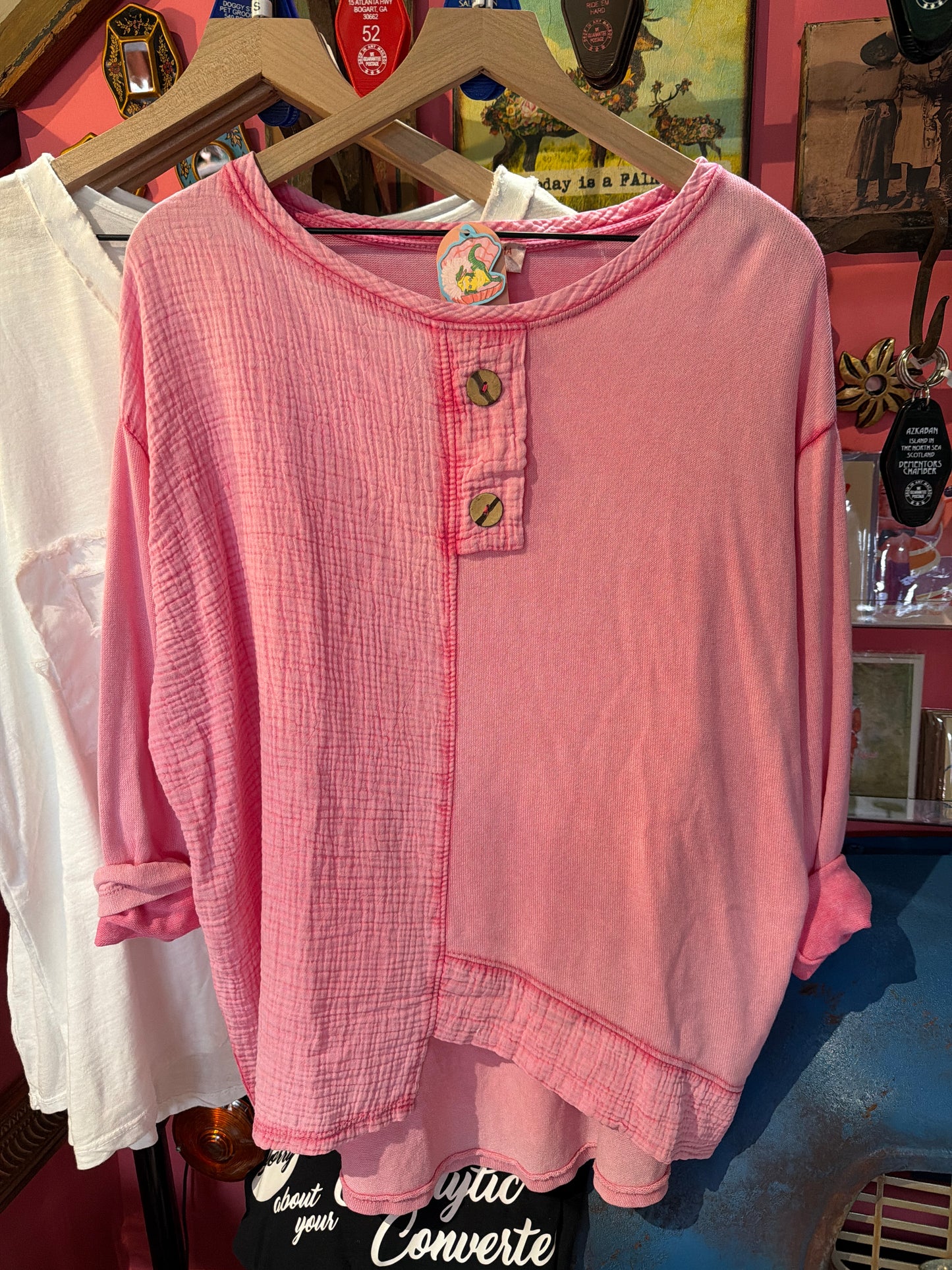 Pink Mineral Wash Long Sleeve Cotton Gauze Top