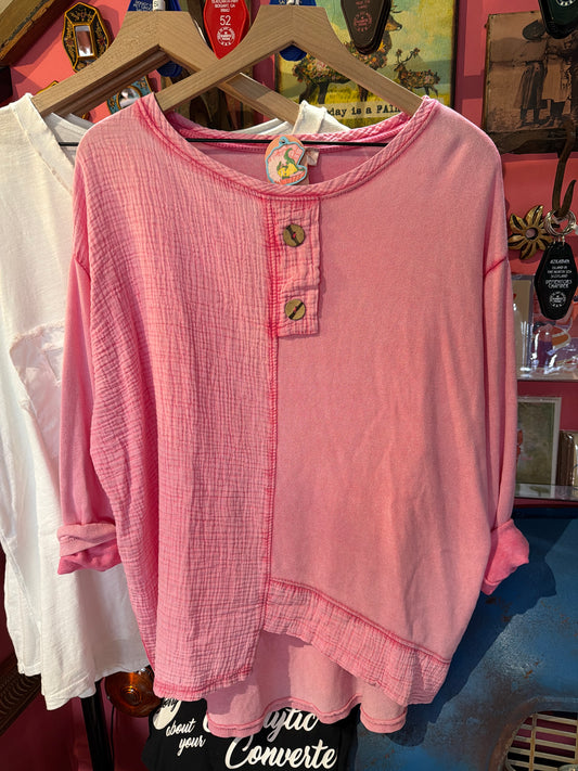 Pink Mineral Wash Long Sleeve Cotton Gauze Top