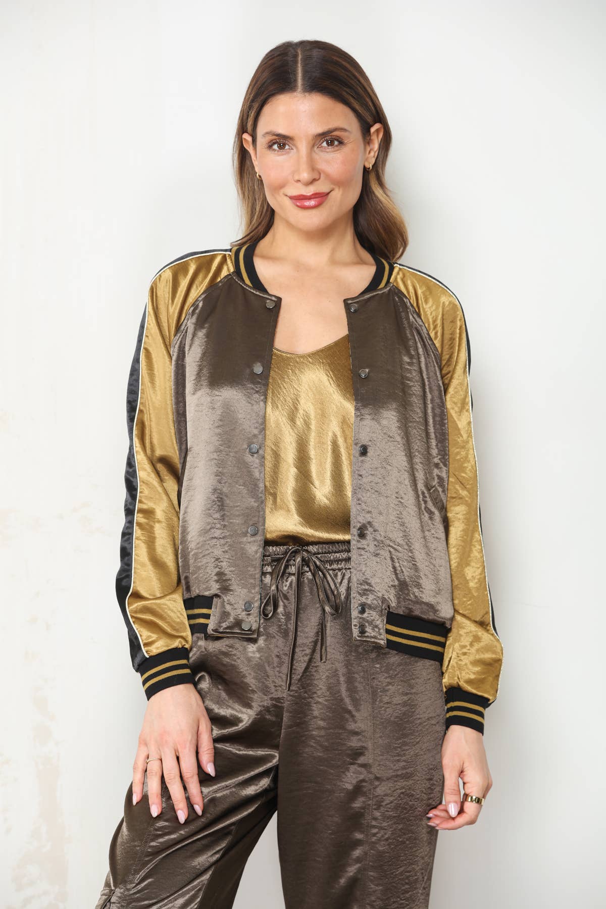 PRE ORDER AUG 7-12 Reversible Patchwork Hammered Satin Bomber Jacket
