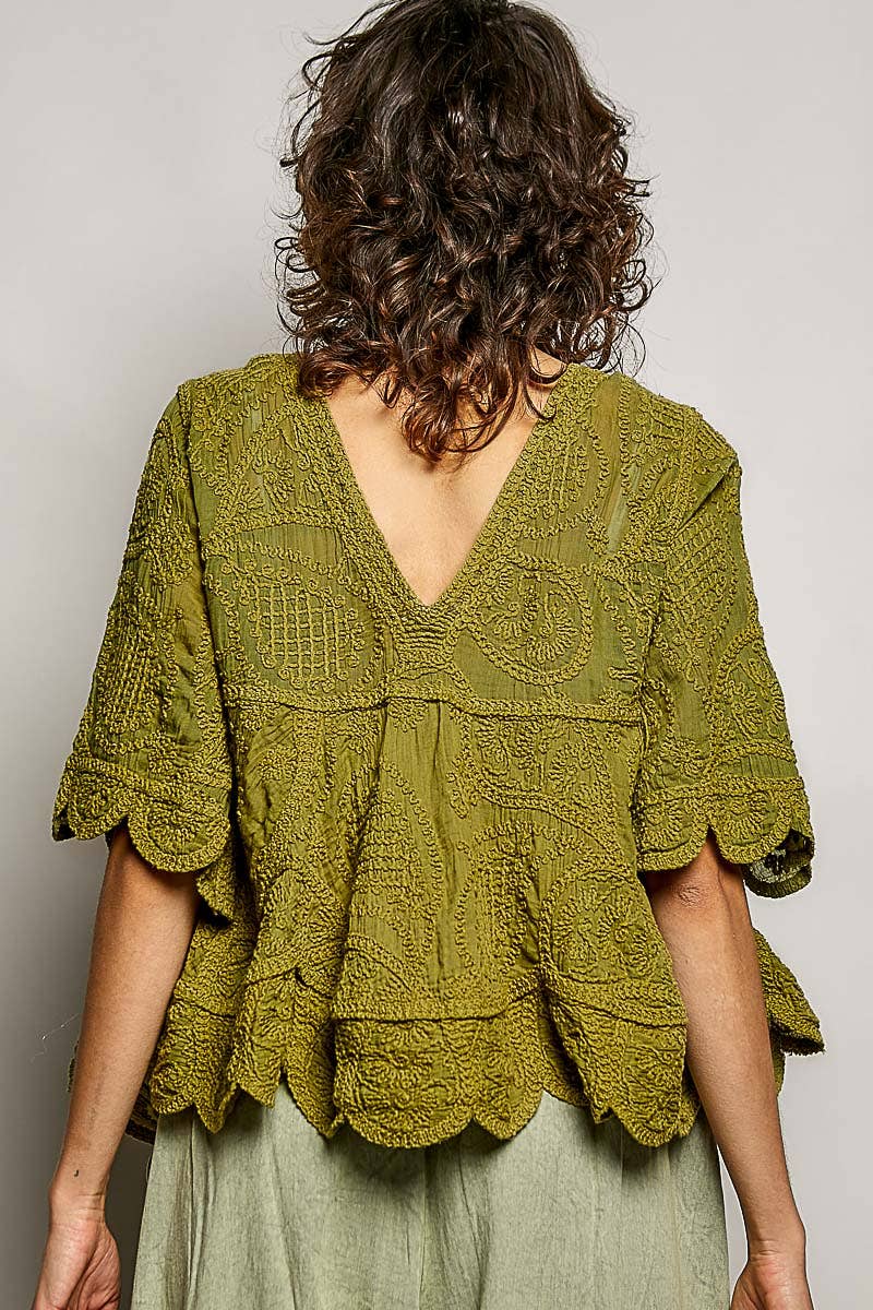 Short Sleeve V-neck Vintage Washing Solid Crochet Top