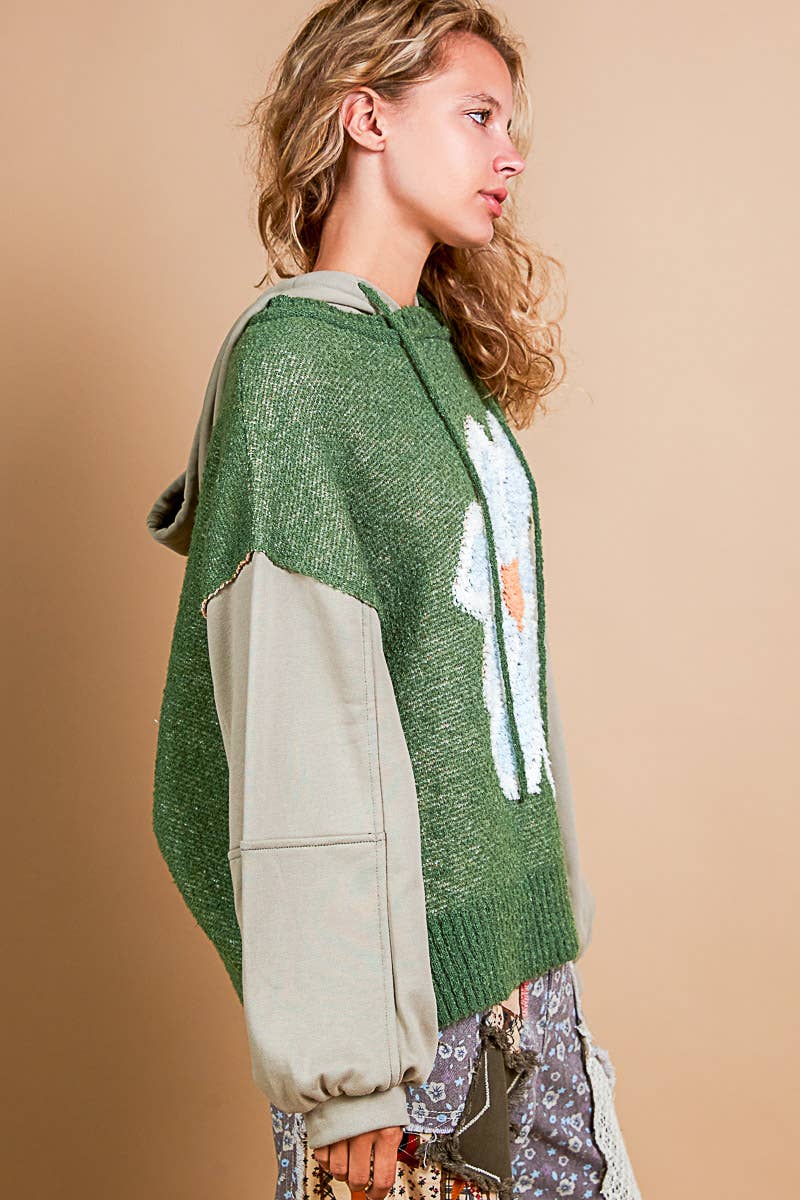 Green/Taupe Oversize Balloon Sleeve Flower Solid Sweater