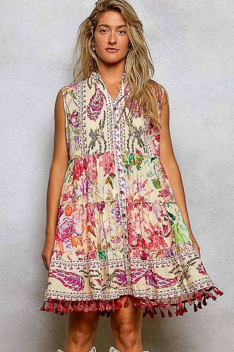 Cotton Button Closure Floral Tassel Bead Sleeveless Dress