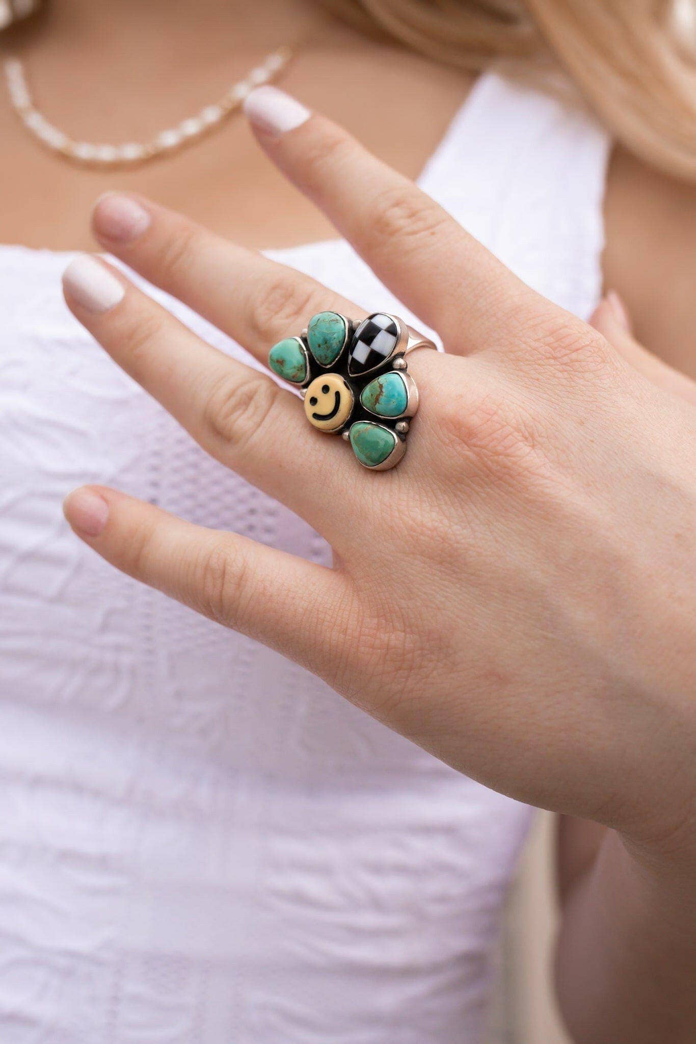 Happy Days Smiley Checkered Stone Rings - Made to Order