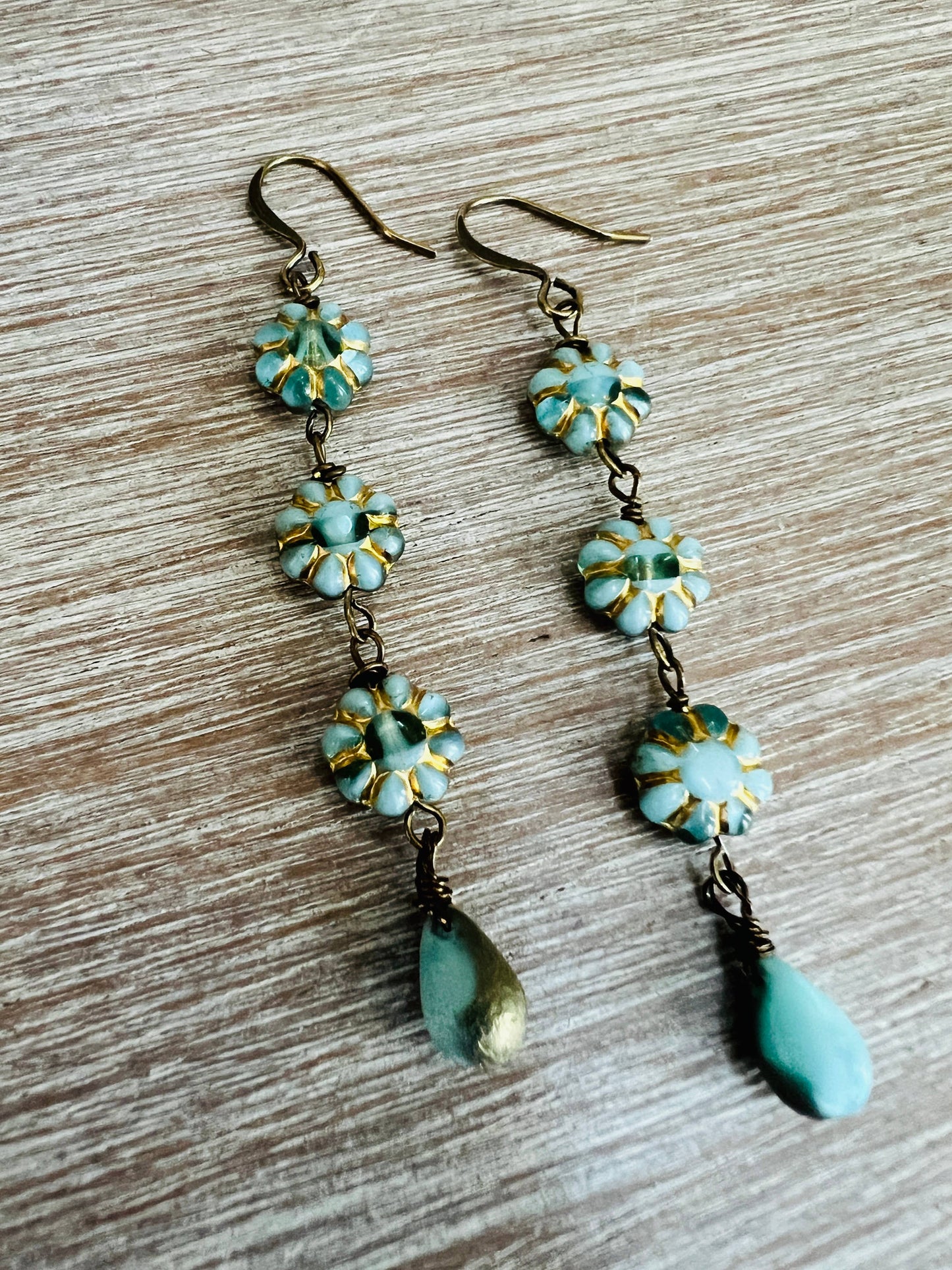 Aqua and Gold French Flower Drop Earrings