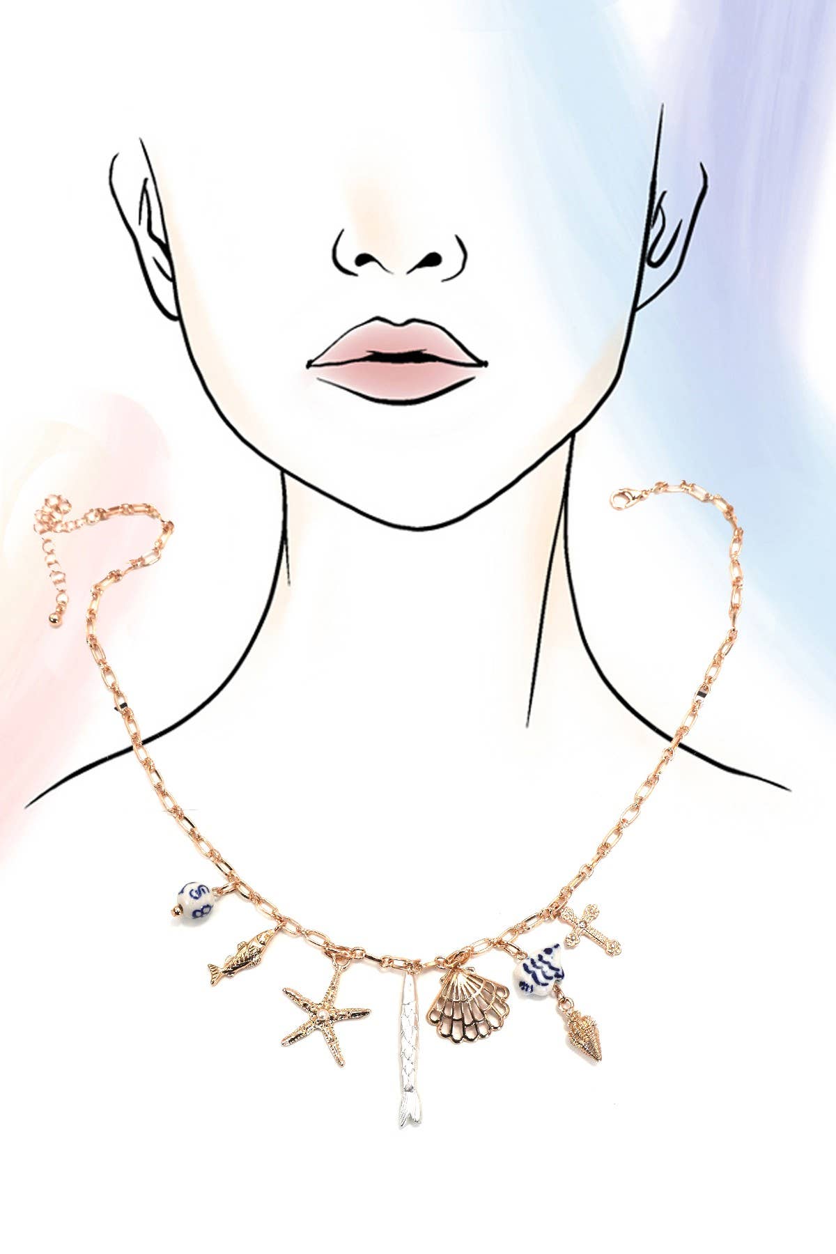 CHARM NECKLACE-PORCELAIN SEASHELL AND STARFISH