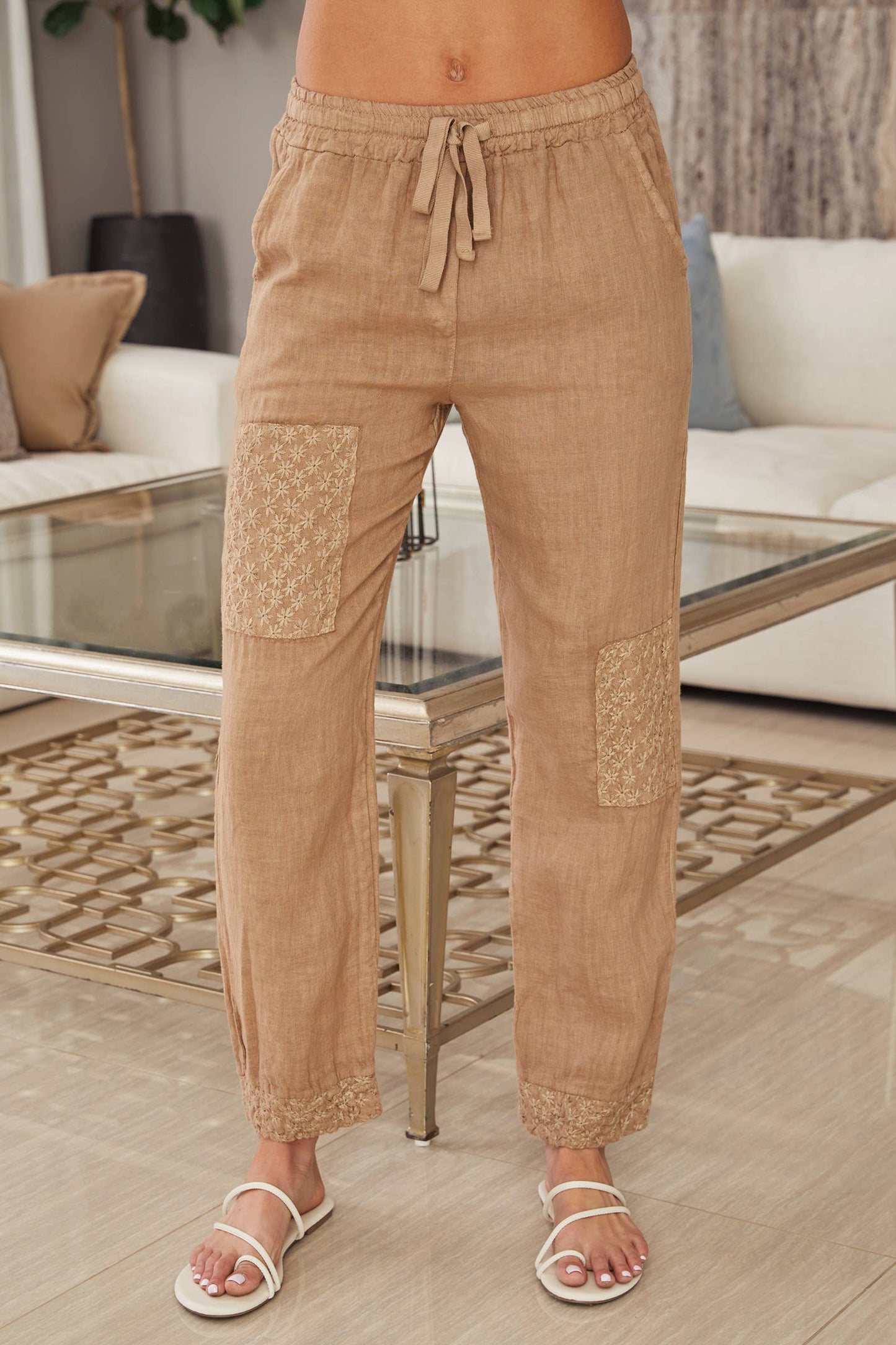 Camel Linen Embroidered Pants
