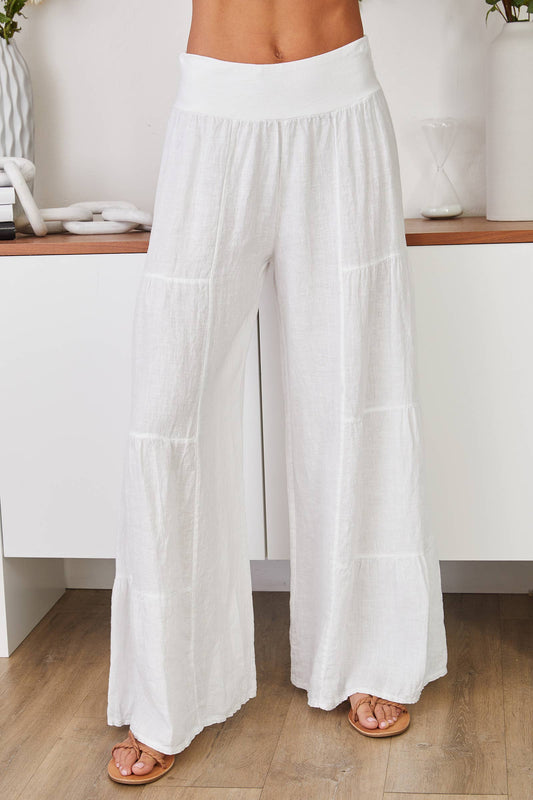 WHITE LINEN TIERED PALAZZO PANT
