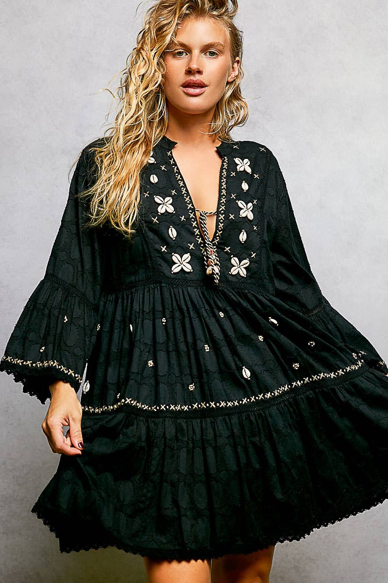 Stitch Bead Detail Trim V-Neck Woven Roomy Fit Dress
