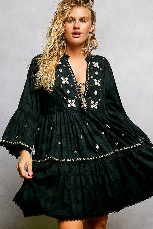 Stitch Bead Detail Trim V-Neck Woven Roomy Fit Dress