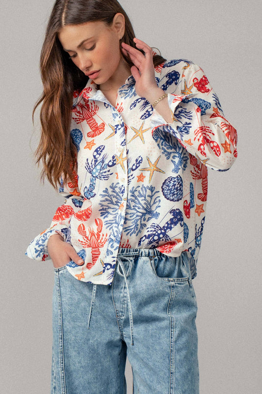 Ocean Shell & Lobster Print Relaxed Summer Shirt