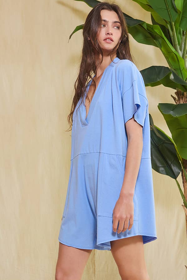 Blue Oversized Wide Legs Solid Romper With Pockets