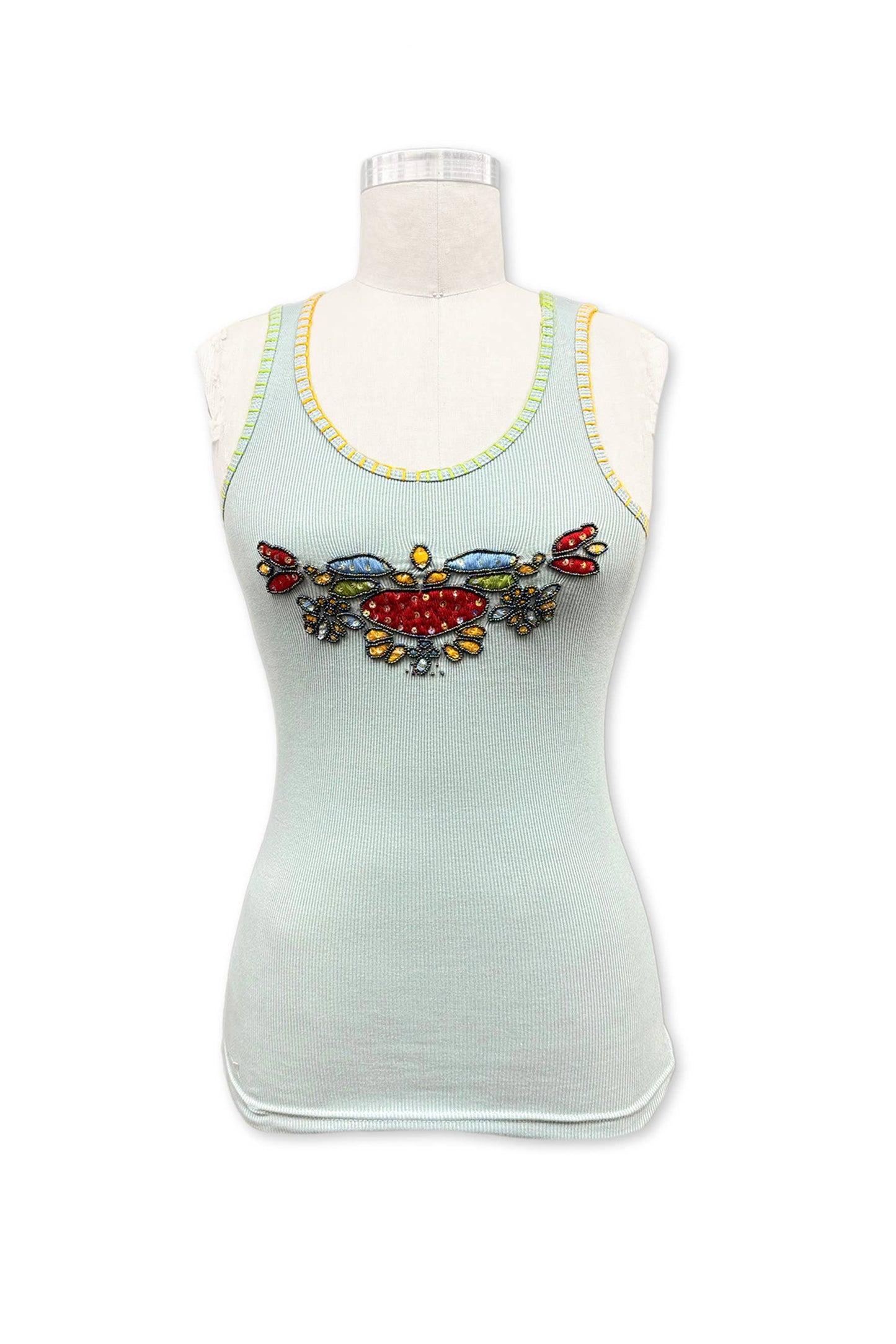 SHIP AUG 7-12 Retro Embroidered & Bead Trim Rib Tank