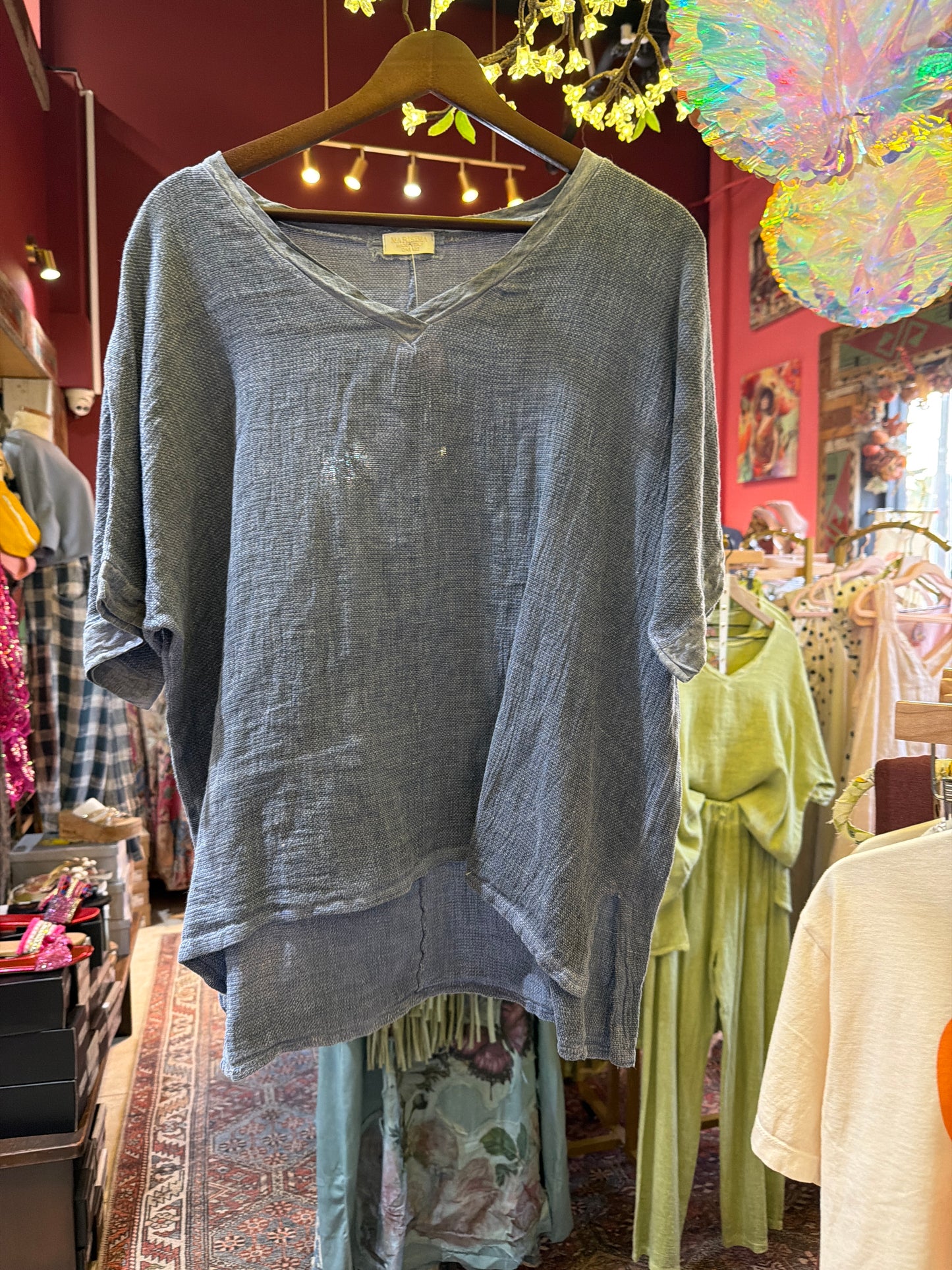 Slate Blue Linen Short Sleeve Blouse