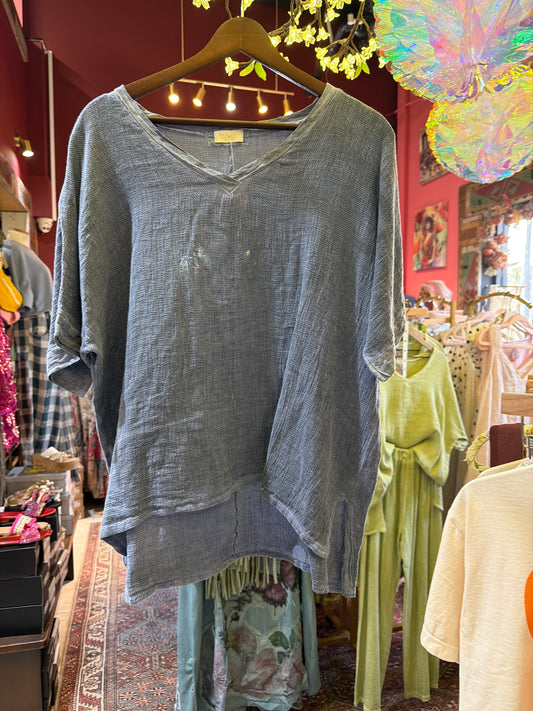 Slate Blue Linen Short Sleeve Blouse