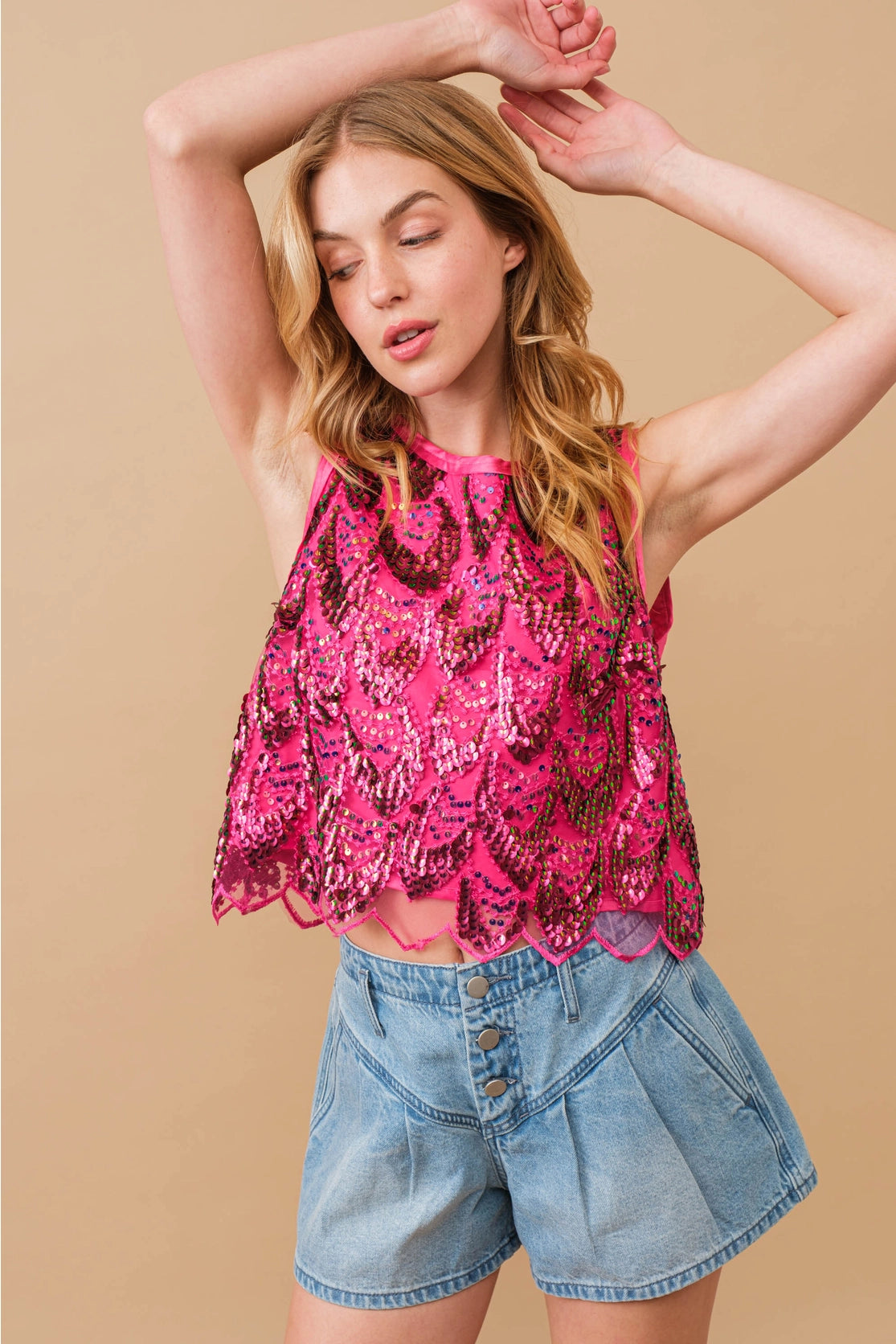 Hot Pink Embellished Sequin Scallop Top