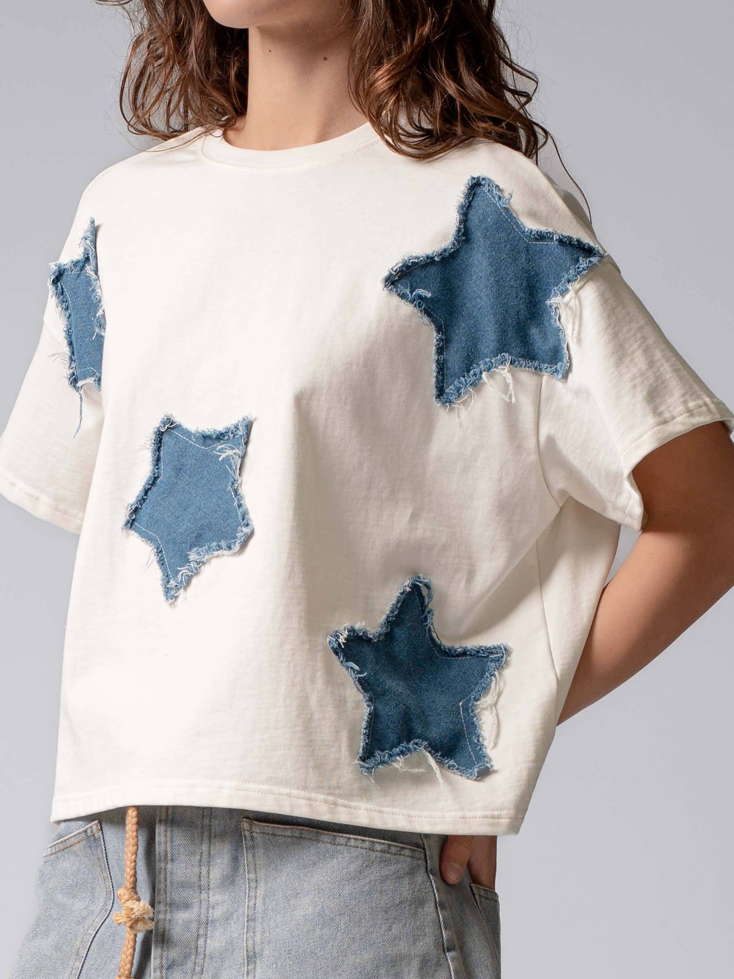Distressed Denim Star Appliqué Cotton Tee