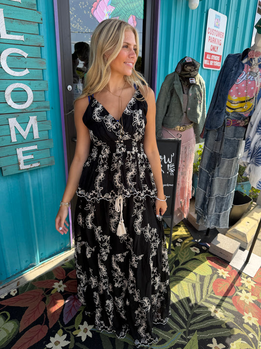 Embroidered Viscose Smocked Waistband Maxi Skirt