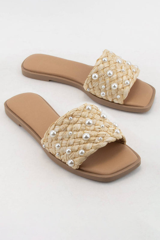 PEARL RAFFIA WOVEN UPPER SLIDE SANDAL