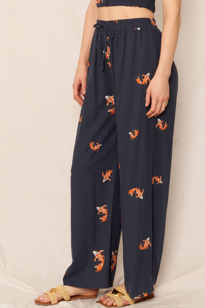 Koi Fish Print Wide Leg Pants