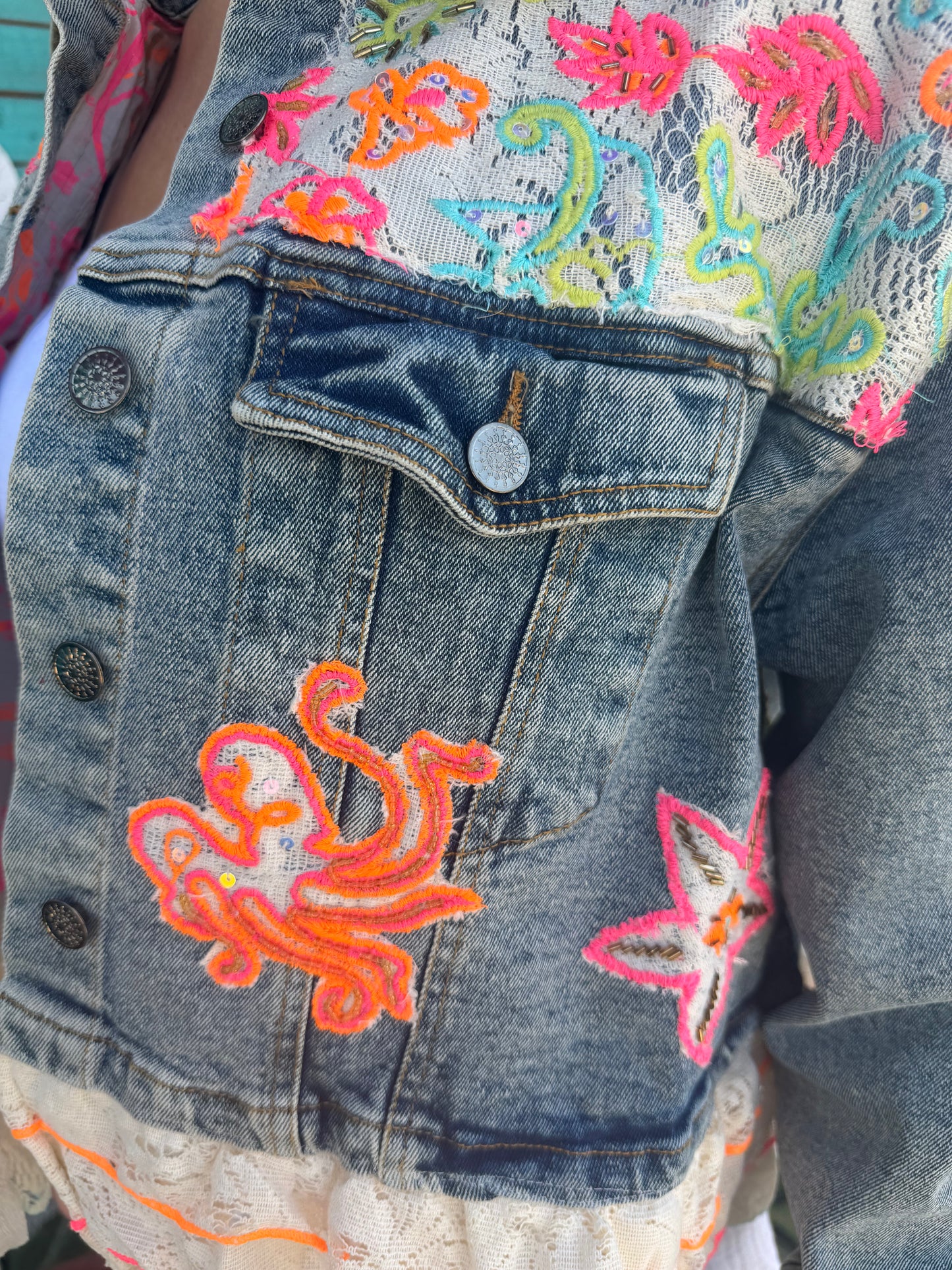 Statement Floral Embroidered Cropped Lace Trim Denim Jacket