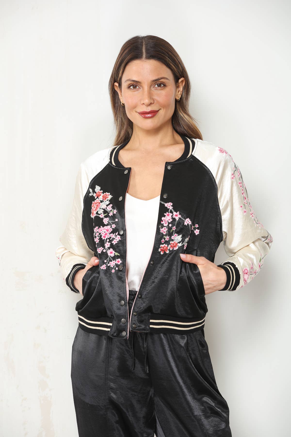 PRE ORDER SHIPS AUG 7-12 Reversible Cherry Blossom Satin Bomber Jacket