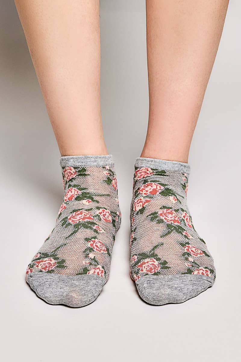 Allover Floral Print Classic Ribbed Cuff Knit Crew Socks