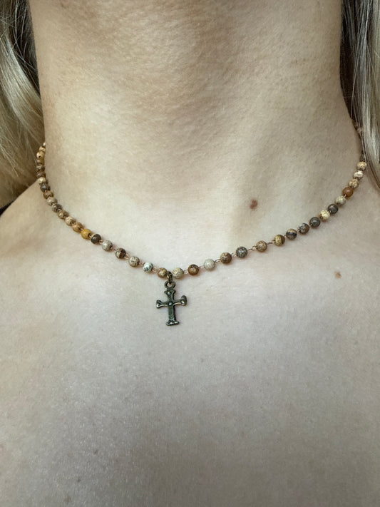 Mini Beaded Mixed Brown Cross Choker