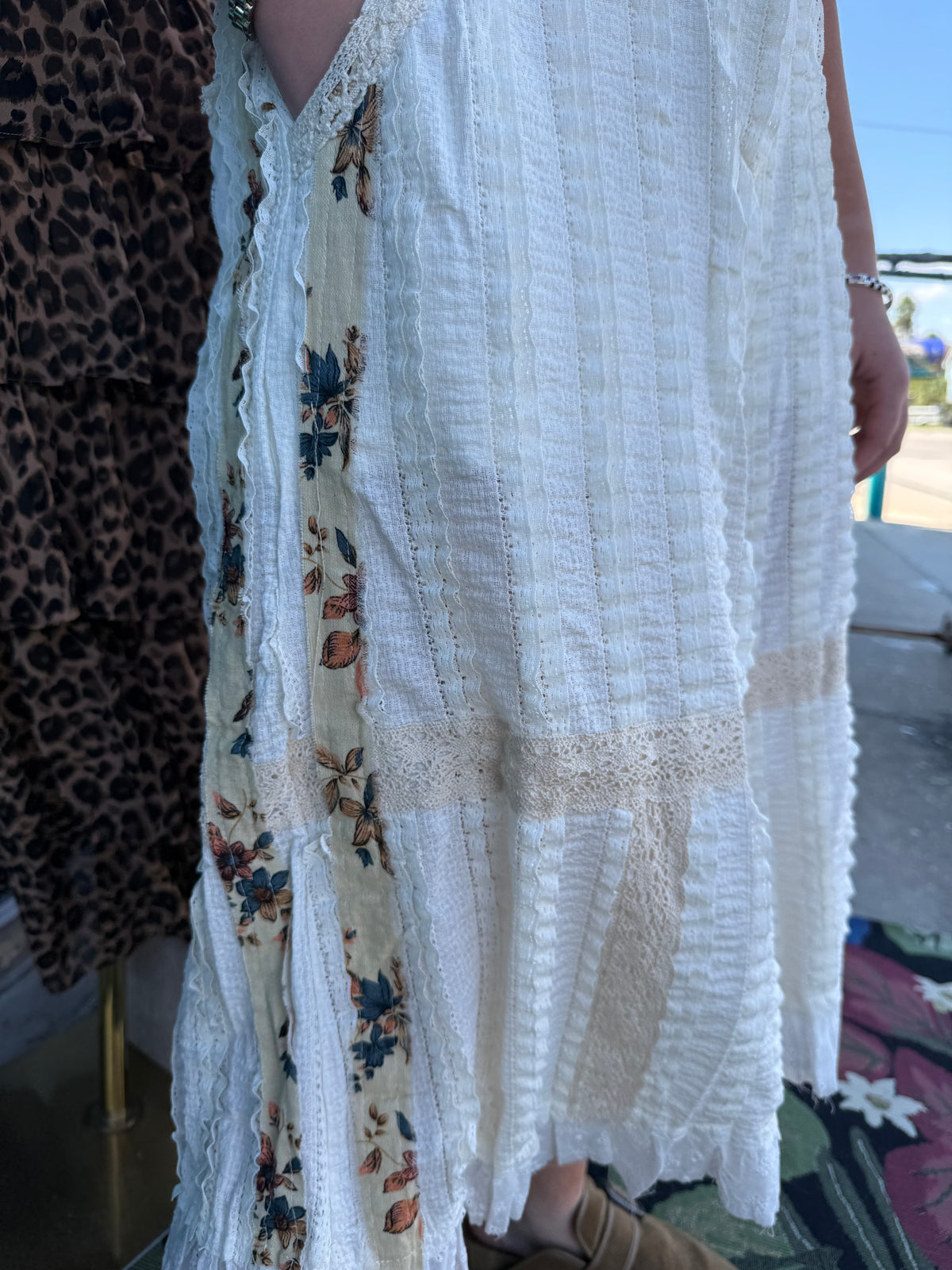 Lace Print Patch Eyelet Ruffle Wide Leg Pants